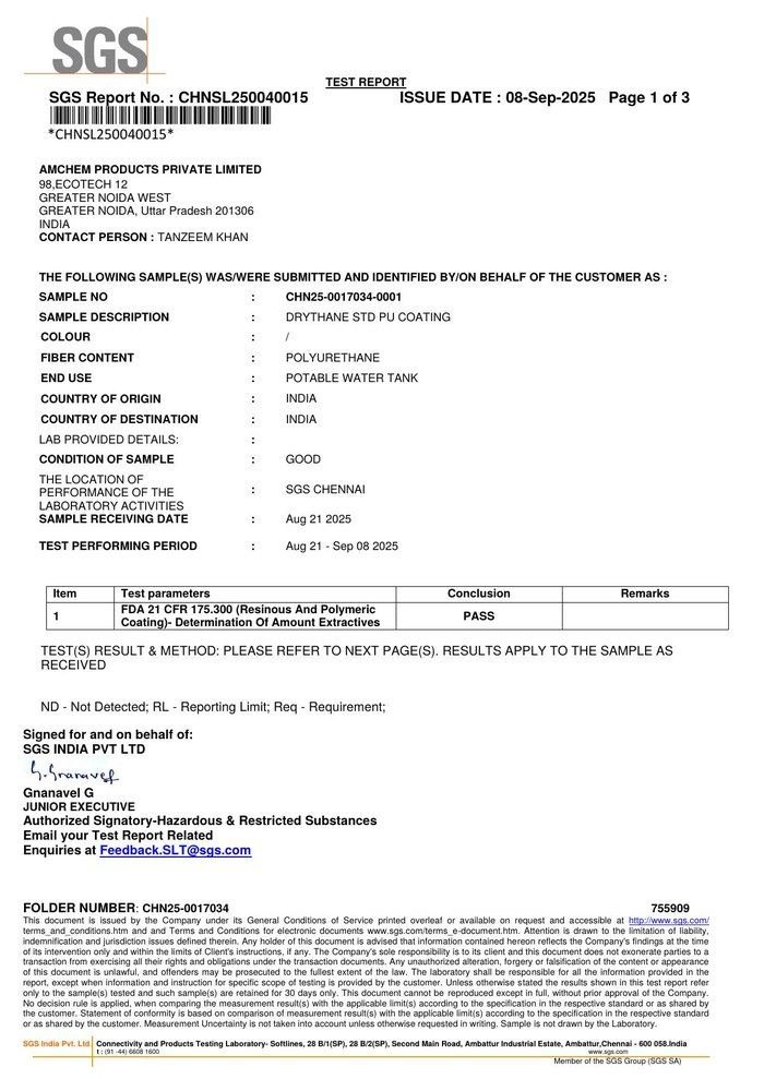 SGS FDA 21 CFR 175.300 test report for Drythane STD PU Coating, first page preview