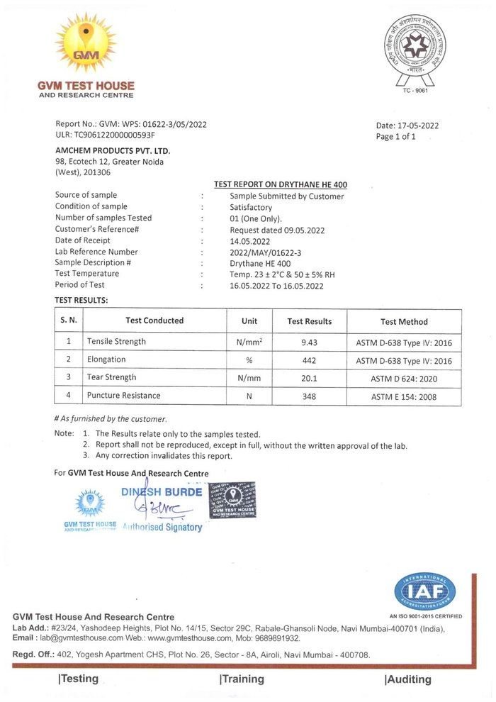 GVM mechanical test report for Drythane HE 400, first page preview