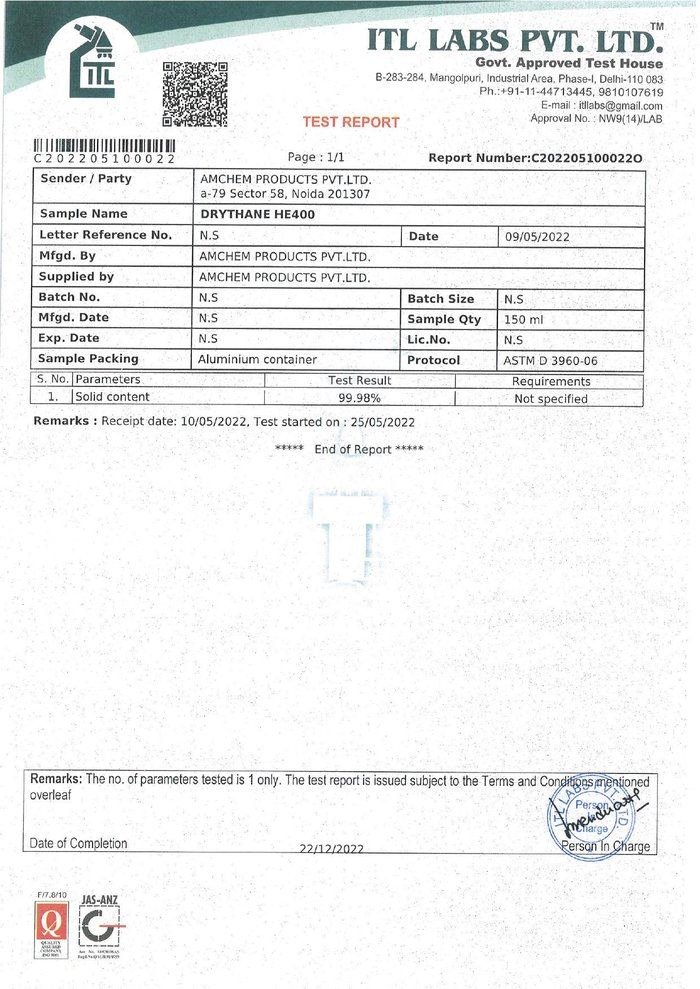 ITL Labs solid content test report for Drythane range, first page preview