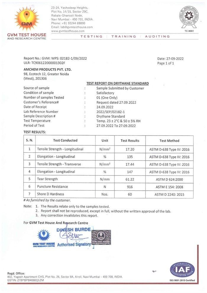 GVM mechanical test report for Drythane Standard, first page preview