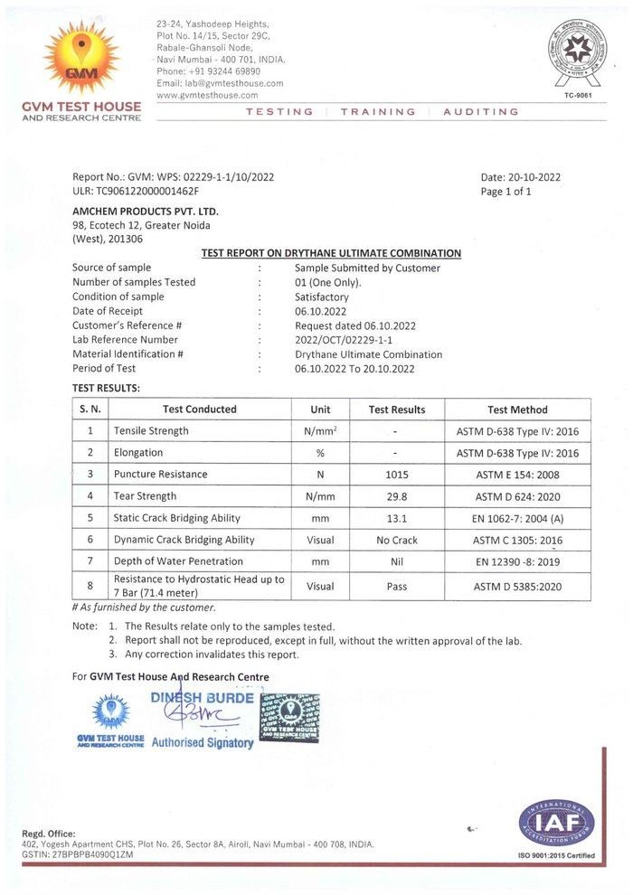 GVM mechanical test report for Drythane Ultimate Combination, first page preview