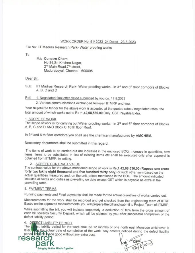 IIT Madras Research Park — Waterproofing Work Order, first page preview