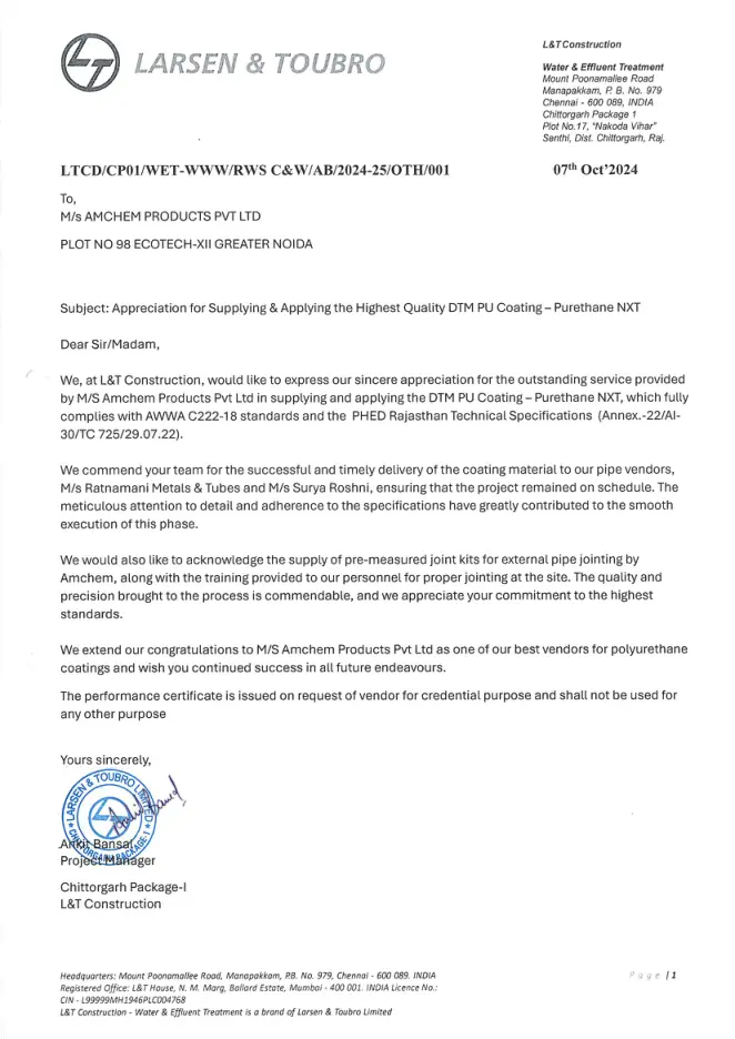 L&T Construction — Appreciation Letter, first page preview