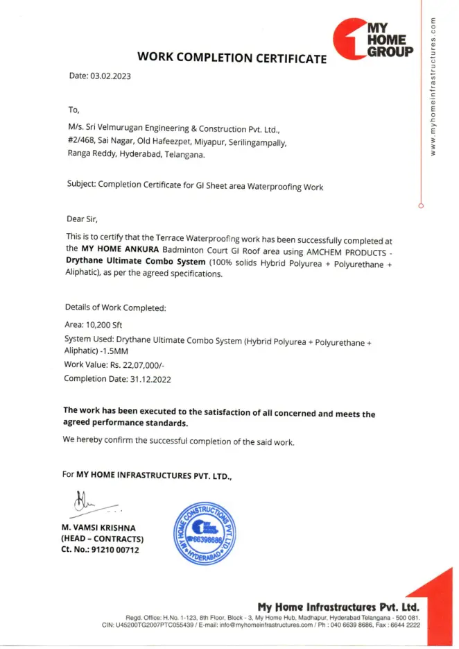 My Home Group &mdash; Ankura — Work Completion Certificate, first page preview
