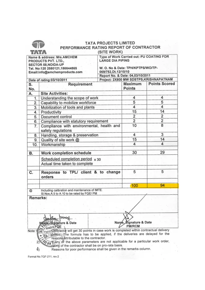 Tata Projects Ltd. — Contractor Performance Rating, first page preview