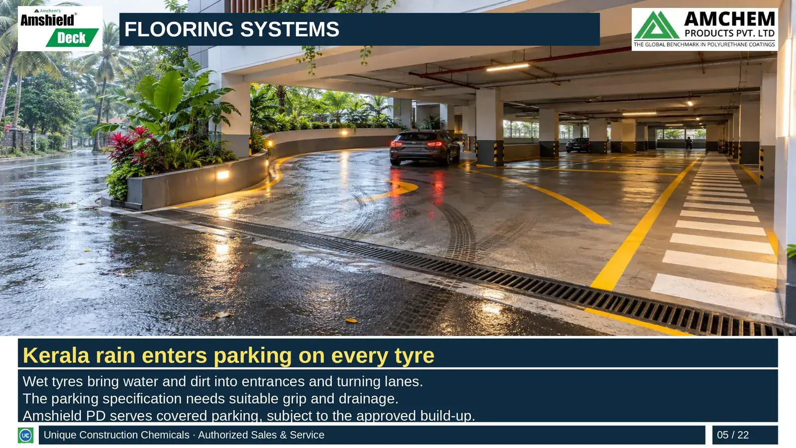 Amshield Deck flooring — Kerala rain enters parking on every tyre