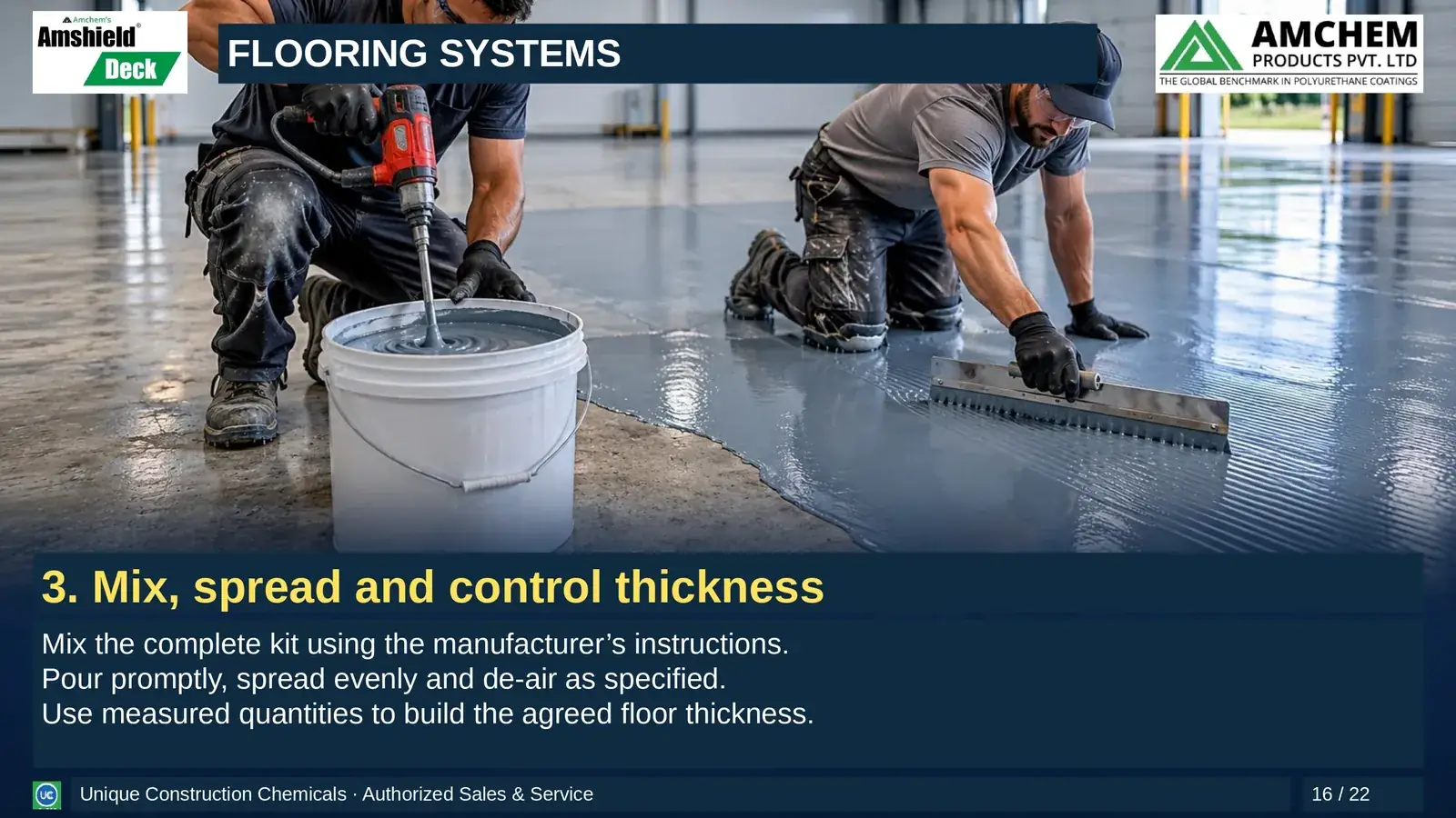 Amshield Deck flooring — Mix, spread and control thickness